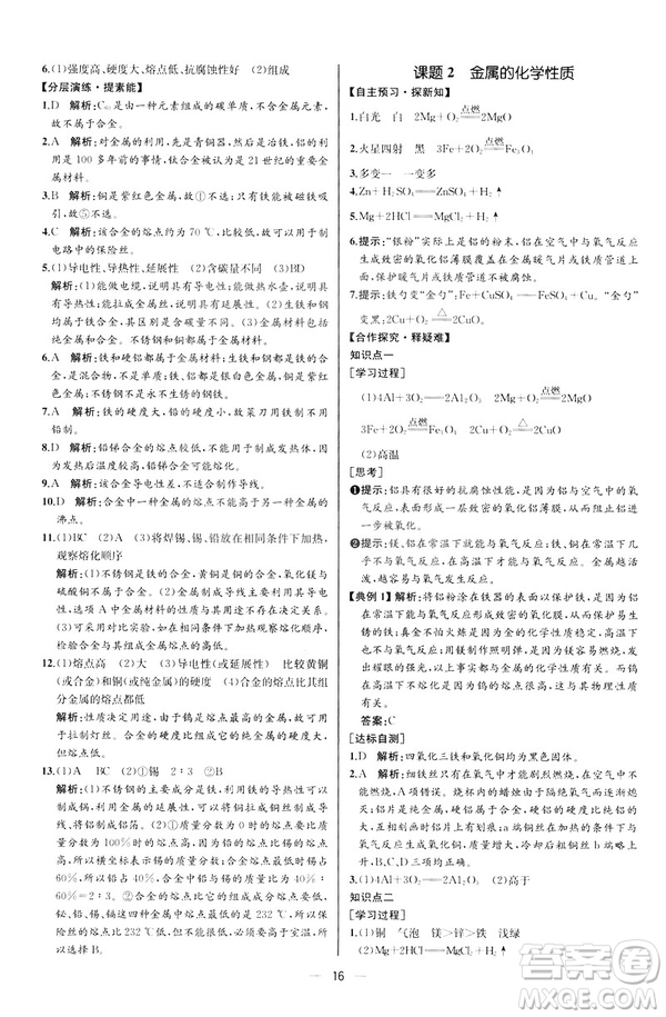2019人教版初中九年級(jí)下冊(cè)化學(xué)課時(shí)練同步學(xué)歷案河北專版答案