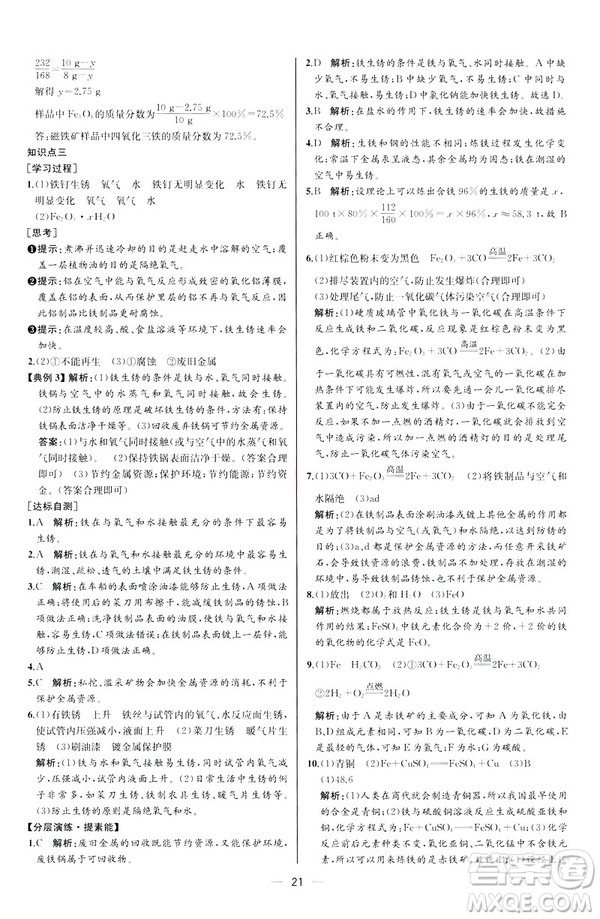 2019人教版初中九年級(jí)下冊(cè)化學(xué)課時(shí)練同步學(xué)歷案河北專版答案