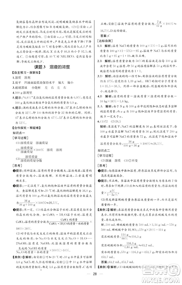 2019人教版初中九年級(jí)下冊(cè)化學(xué)課時(shí)練同步學(xué)歷案河北專版答案