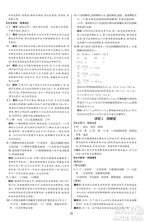2019人教版初中九年級(jí)下冊(cè)化學(xué)課時(shí)練同步學(xué)歷案河北專版答案