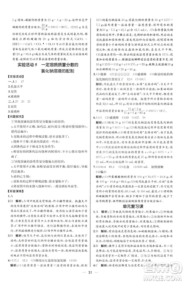 2019人教版初中九年級(jí)下冊(cè)化學(xué)課時(shí)練同步學(xué)歷案河北專版答案