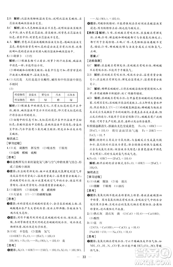 2019人教版初中九年級(jí)下冊(cè)化學(xué)課時(shí)練同步學(xué)歷案河北專版答案