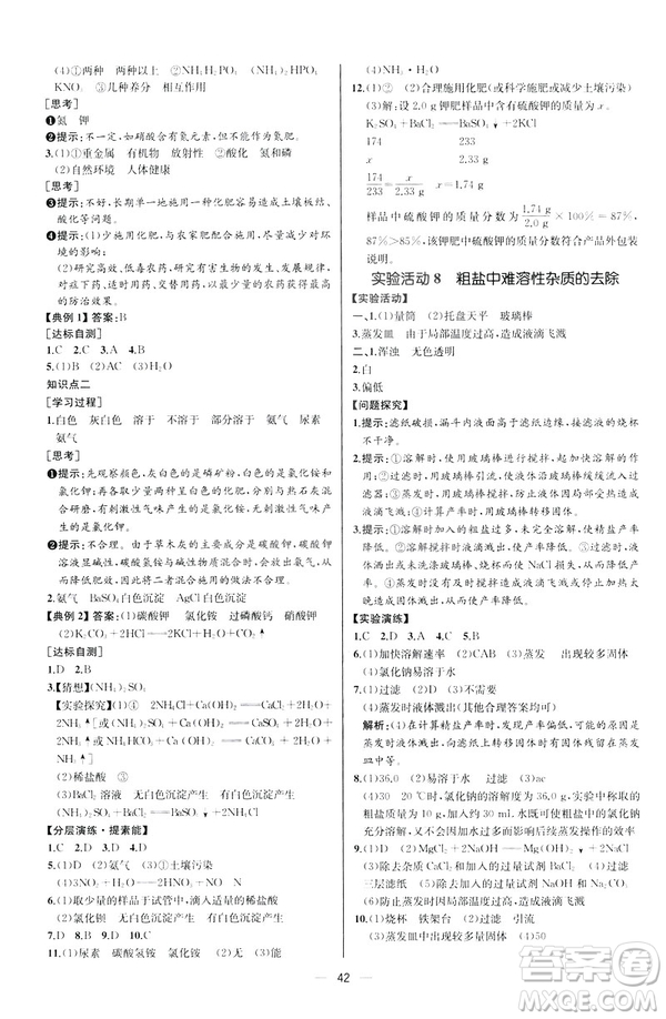 2019人教版初中九年級(jí)下冊(cè)化學(xué)課時(shí)練同步學(xué)歷案河北專版答案