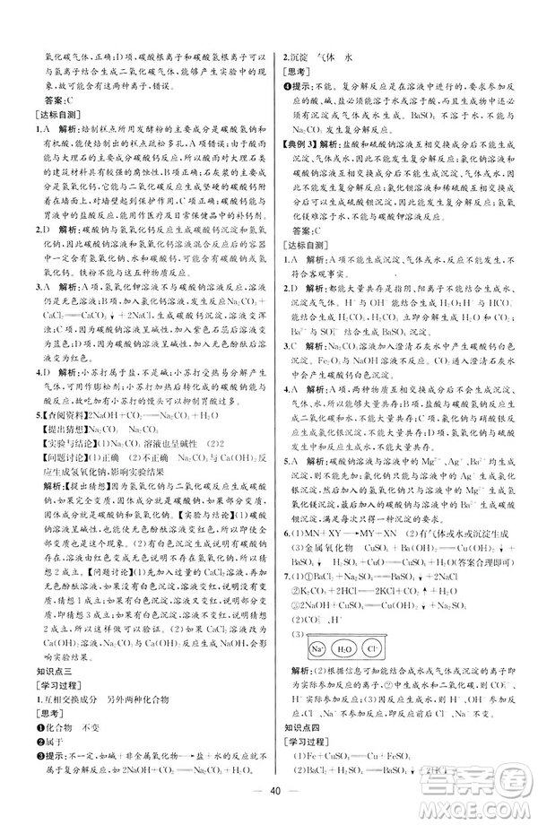 2019人教版初中九年級(jí)下冊(cè)化學(xué)課時(shí)練同步學(xué)歷案河北專版答案