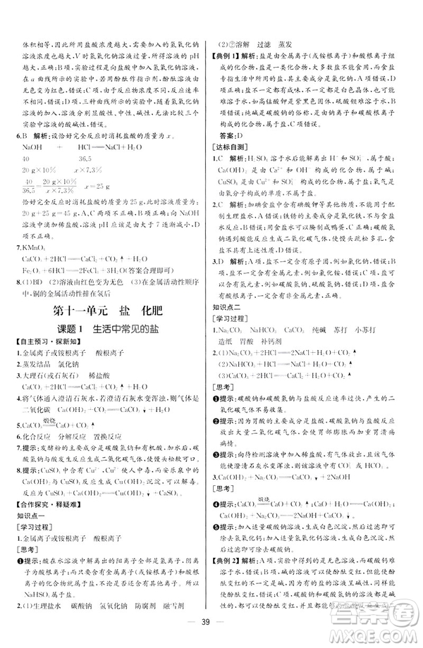 2019人教版初中九年級(jí)下冊(cè)化學(xué)課時(shí)練同步學(xué)歷案河北專版答案
