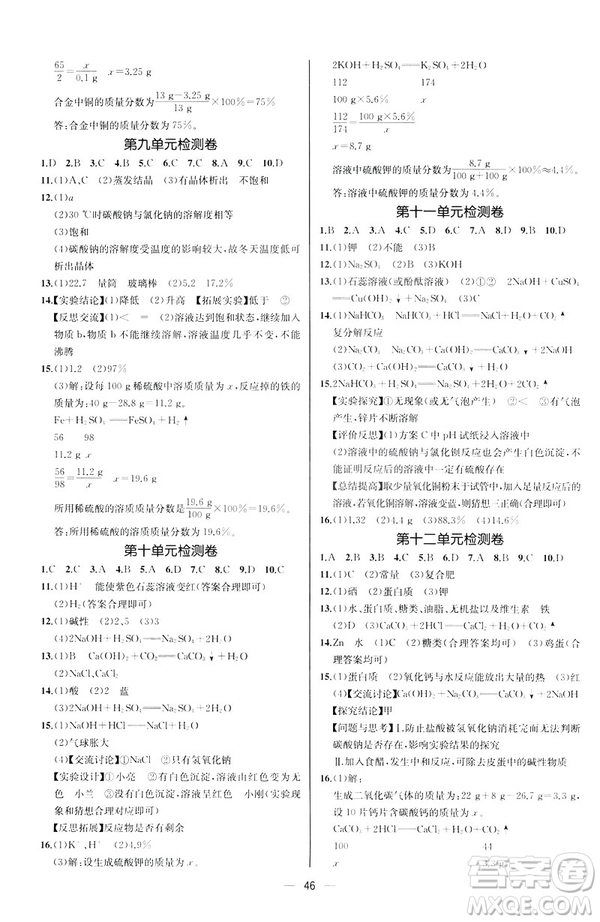 2019人教版初中九年級(jí)下冊(cè)化學(xué)課時(shí)練同步學(xué)歷案河北專版答案