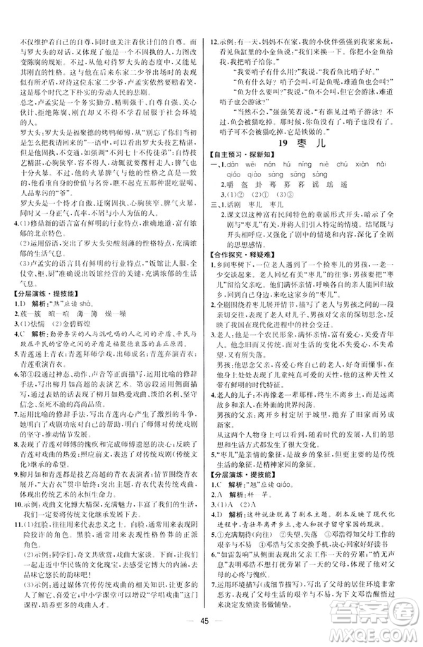 河北專版2019人教版初中九年級下冊語文課時練同步學(xué)歷案答案
