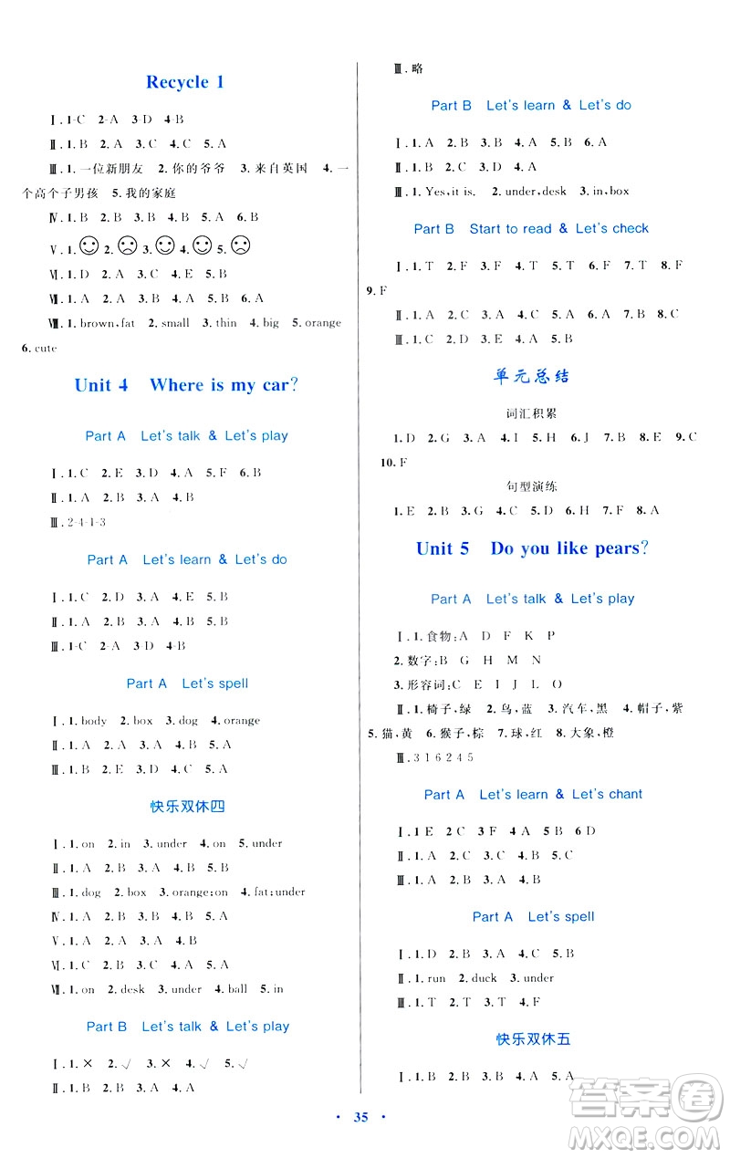 2019年新課標(biāo)學(xué)習(xí)目標(biāo)與檢測(cè)三年級(jí)英語下冊(cè)人教版答案