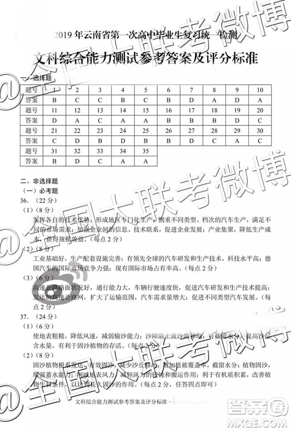 2019年3月云南高三省統(tǒng)測(cè)高三文理綜參考答案