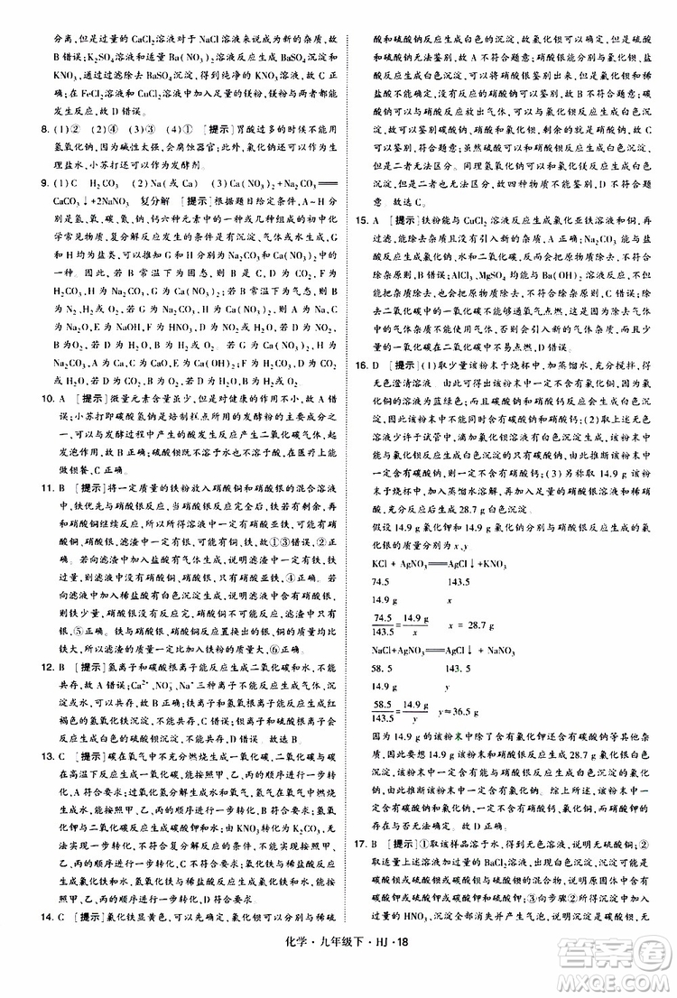 經(jīng)綸學(xué)典2019新版學(xué)霸題中題化學(xué)九年級(jí)下冊(cè)HJ滬教版參考答案