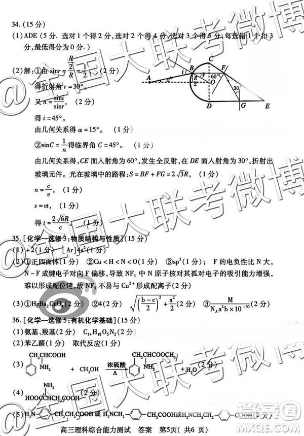 2019年河南省六市高三第一次聯(lián)考文理綜參考答案