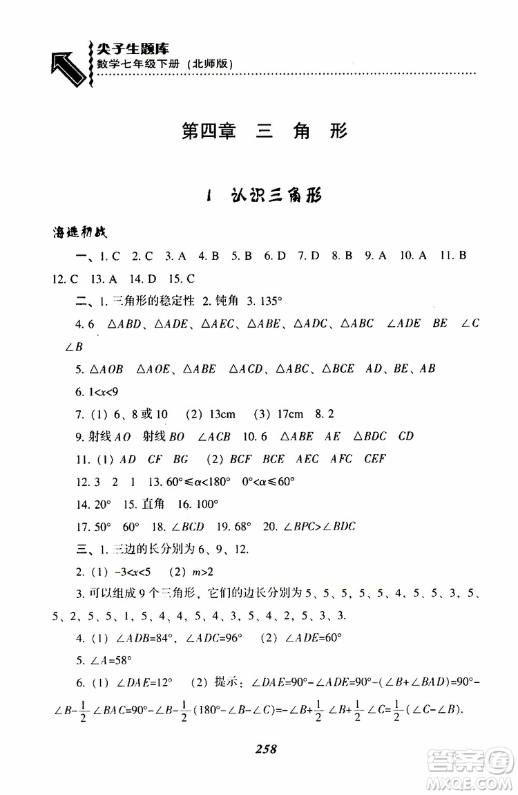 BS版北師版2019版尖子生題庫(kù)七年級(jí)下冊(cè)數(shù)學(xué)參考答案