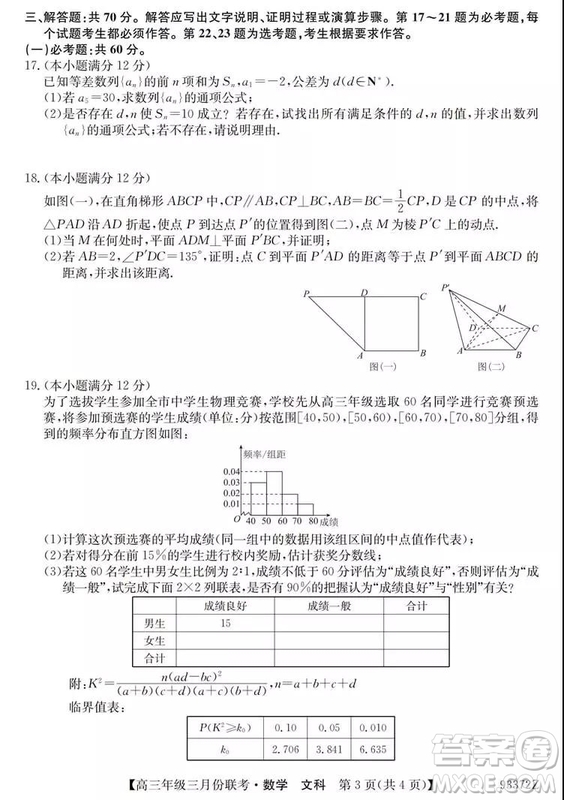 2019年全國高三年級(jí)三月份聯(lián)考數(shù)學(xué)試卷及參考答案