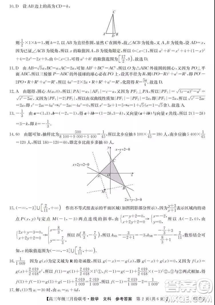 2019年全國高三年級(jí)三月份聯(lián)考數(shù)學(xué)試卷及參考答案