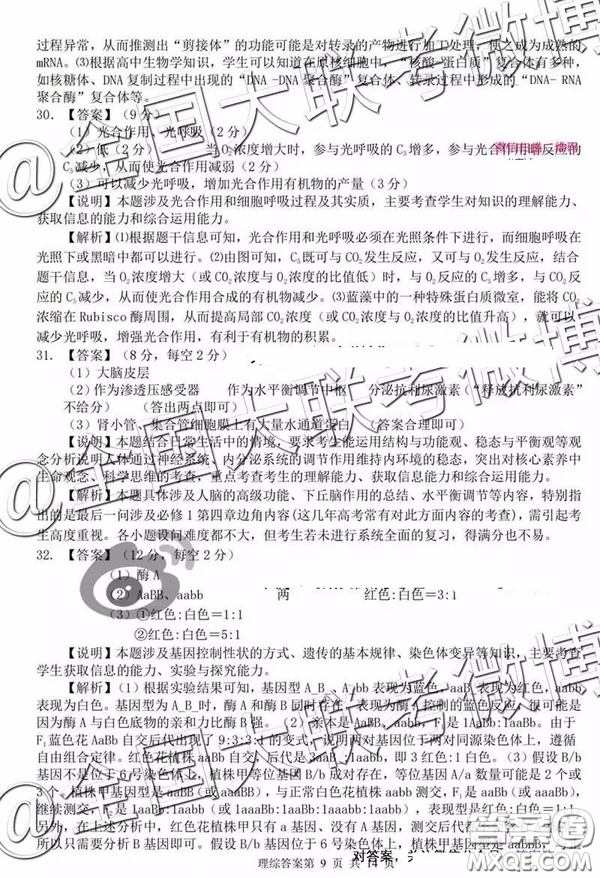 2019年安慶二模文綜理綜答案解析