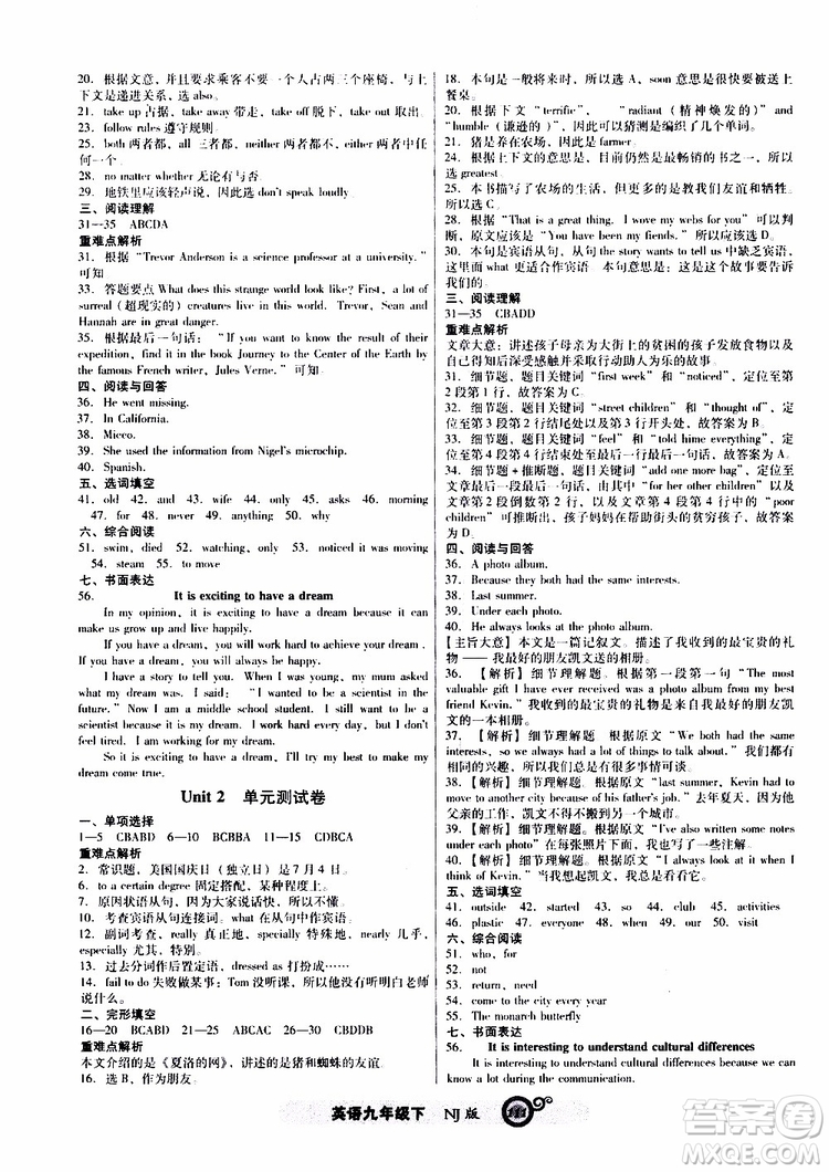 2019年尖子生新課標(biāo)課時(shí)作業(yè)英語(yǔ)九年級(jí)下冊(cè)NJ版牛津版參考答案