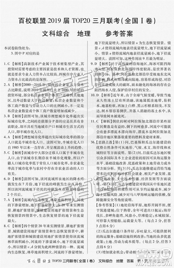 百校聯(lián)盟2019屆TOP20三月聯(lián)考全國Ⅰ卷文綜理綜試卷及參考答案
