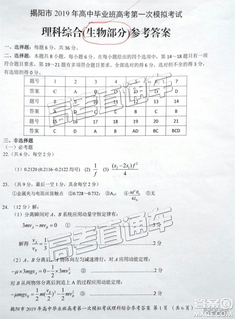 2019年揭陽(yáng)一模文綜理綜試題及參考答案