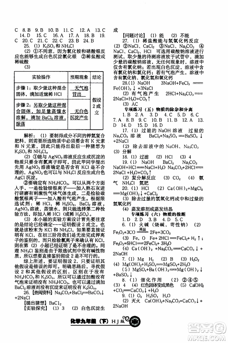 2019年尖子生新課堂課時(shí)作業(yè)化學(xué)九年級(jí)下冊(cè)HJ版滬教版參考答案