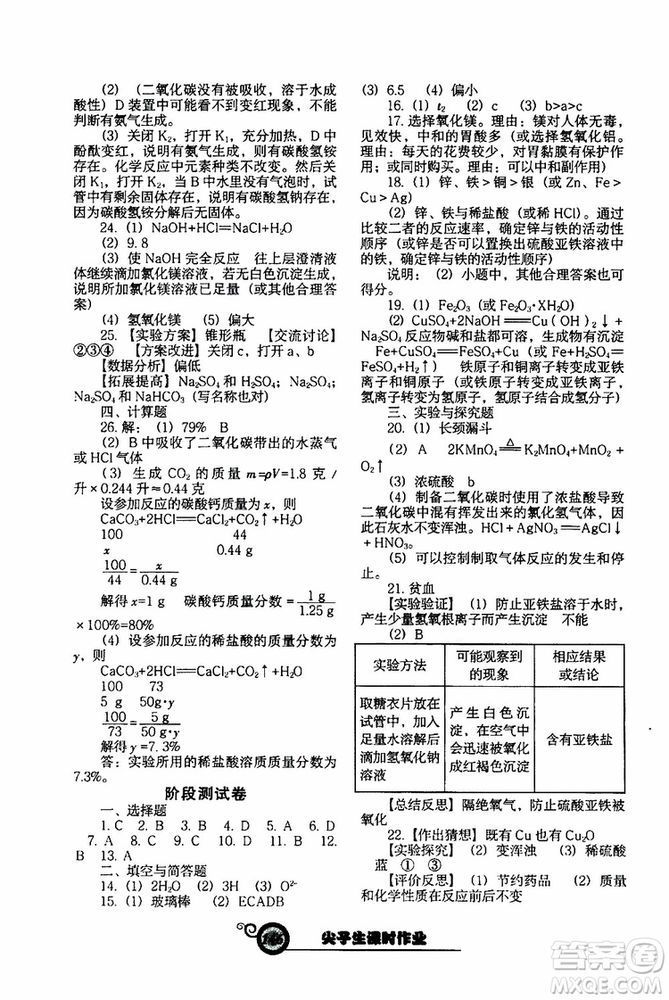 2019年尖子生新課堂課時(shí)作業(yè)化學(xué)九年級(jí)下冊(cè)HJ版滬教版參考答案