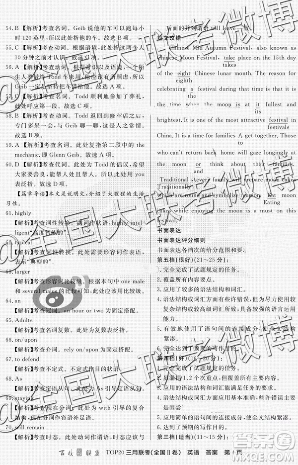 百校聯(lián)盟2019屆TOP20三月聯(lián)考全國Ⅰ、Ⅱ卷英語參考答案