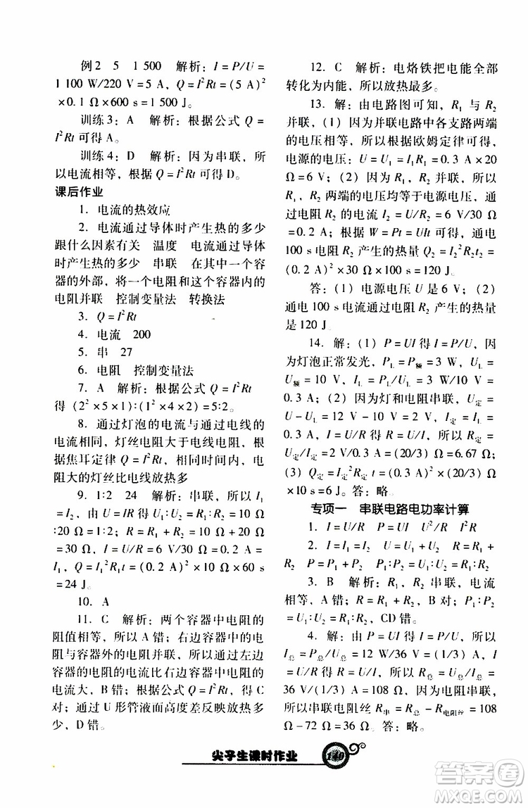 2019年尖子生新課堂課時作業(yè)物理九年級下R版人教版參考答案