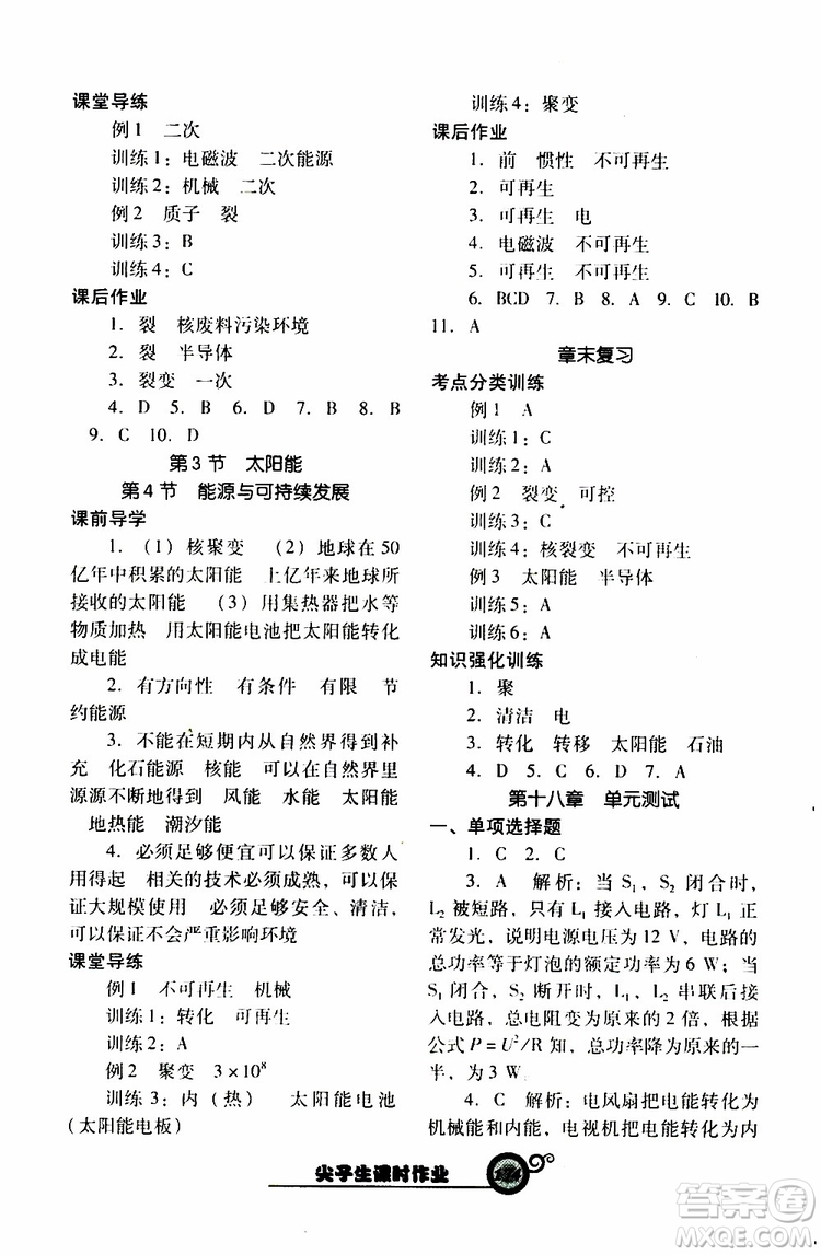 2019年尖子生新課堂課時作業(yè)物理九年級下R版人教版參考答案