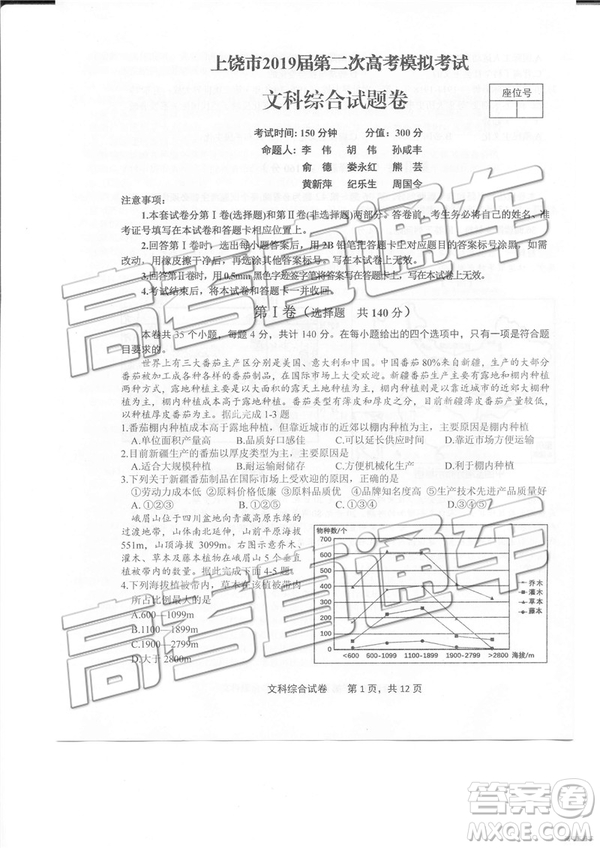2019年3月上饒二模高三文綜理綜試題及參考答案