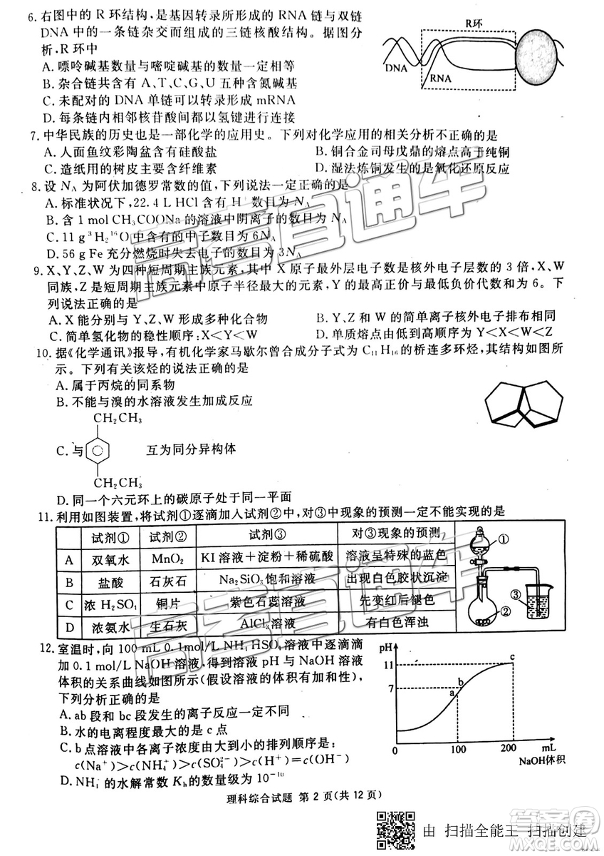2019年3月廣安、眉山、遂寧、內(nèi)江、資陽、樂山六市二診文理綜試題及參考答案