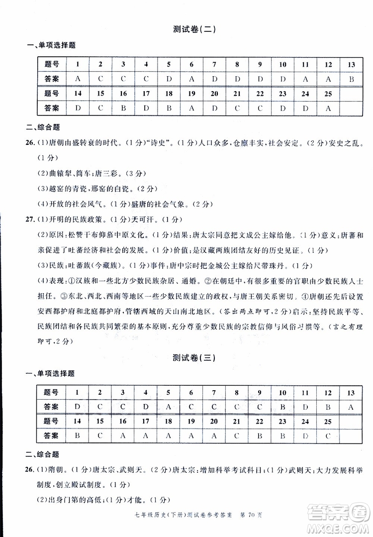 南粵學典2019年名師金典測試卷歷史七年級下R版人教版參考答案