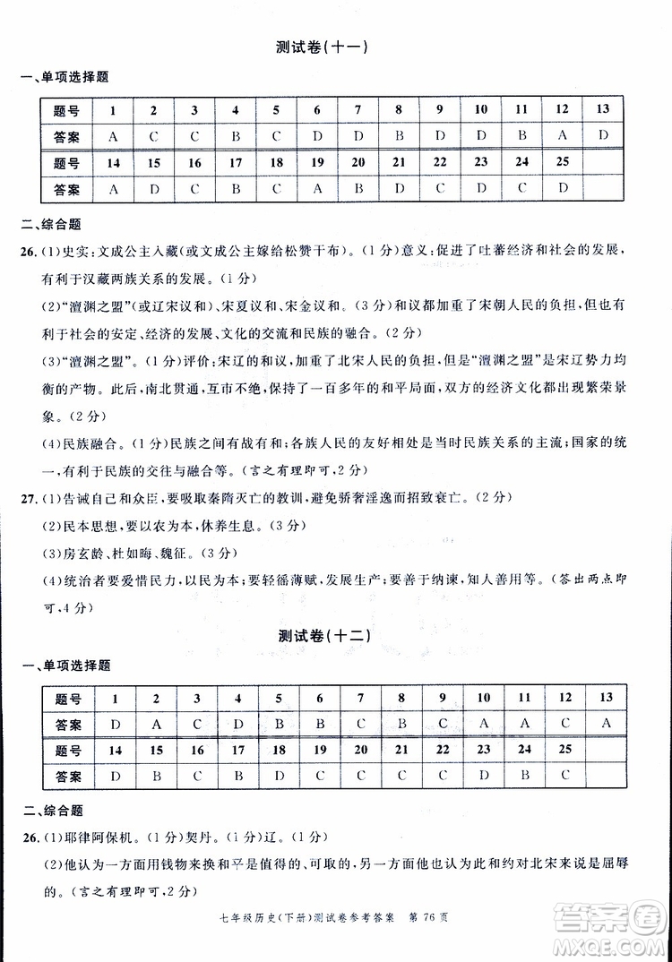 南粵學典2019年名師金典測試卷歷史七年級下R版人教版參考答案