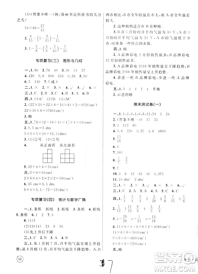 優(yōu)化設計2019版單元測試卷五年級數學下冊RJ版參考答案