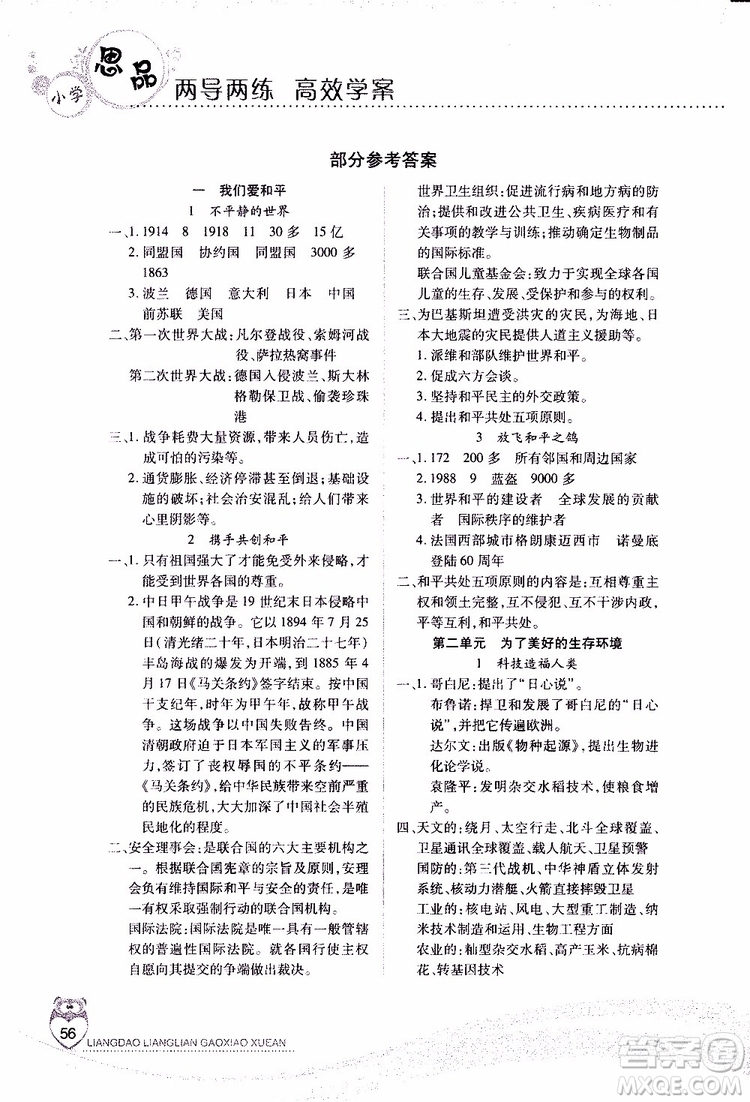 2019年品德與社會六年級下冊新課標兩導兩練高效學案浙教版參考答案