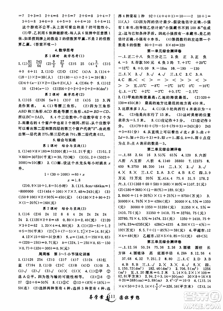 長江少年兒童出版社2019版優(yōu)質(zhì)課堂導學案六年級數(shù)學下冊人教版參考答案
