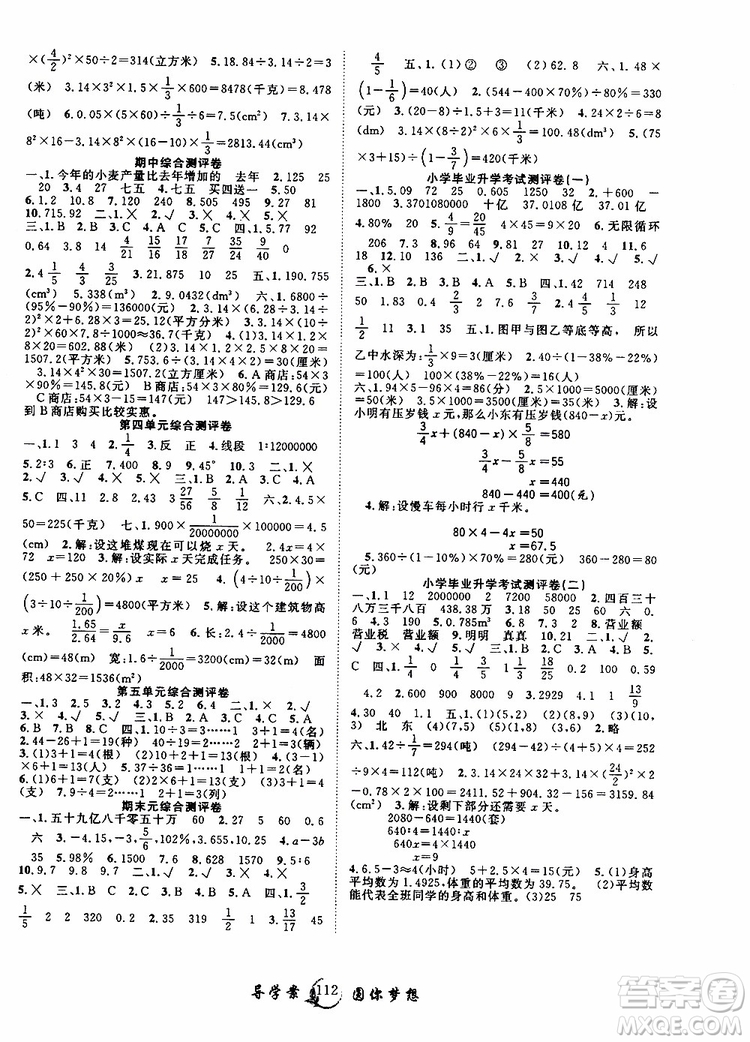 長江少年兒童出版社2019版優(yōu)質(zhì)課堂導學案六年級數(shù)學下冊人教版參考答案