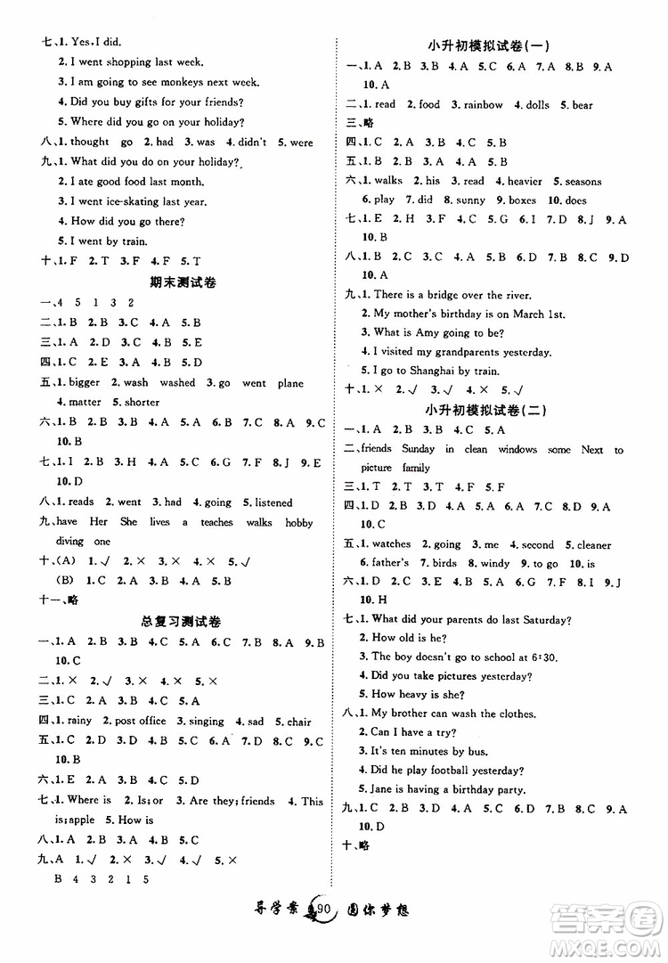 2019年優(yōu)質(zhì)課堂導(dǎo)學(xué)案六年級(jí)下冊(cè)英語(yǔ)參考答案