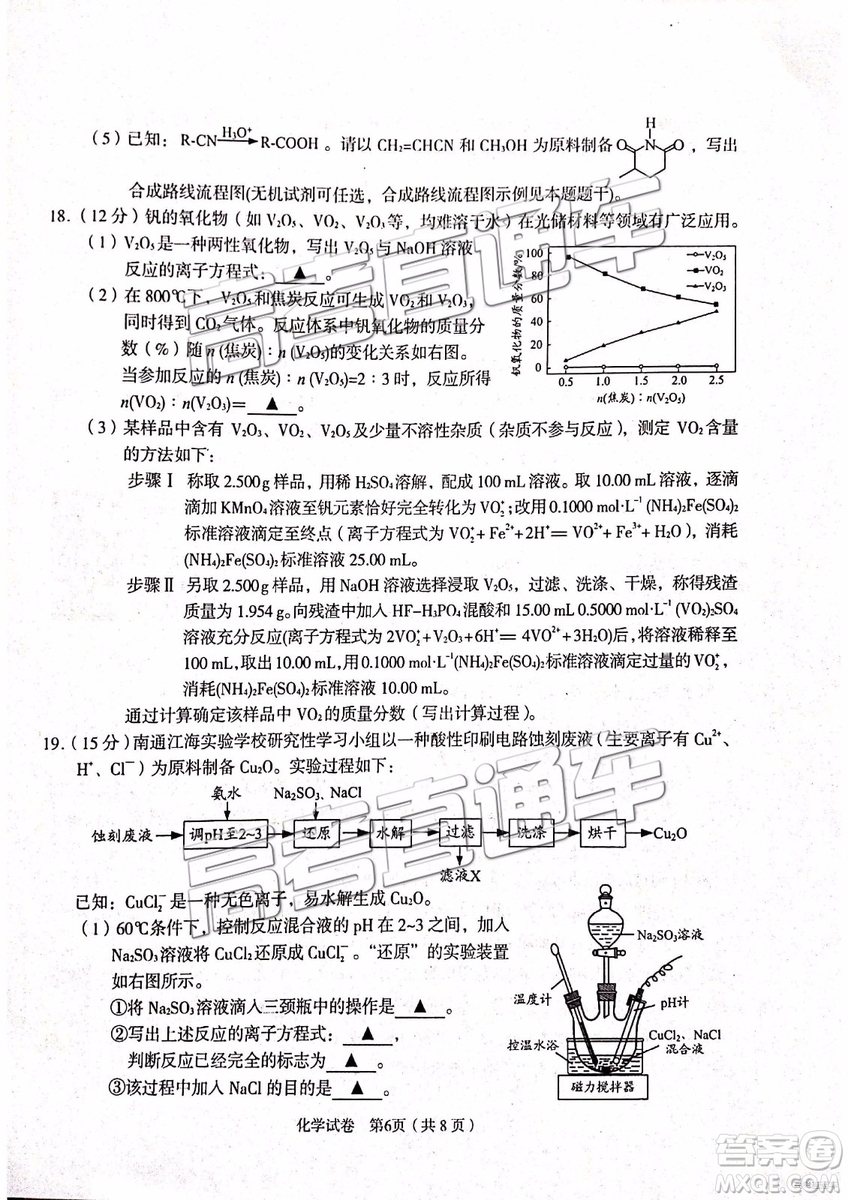 2019年3月江蘇七市二模化學(xué)試題及參考答案