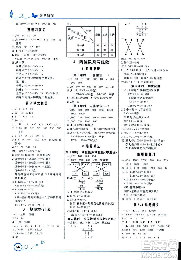 2019小學(xué)同步測控優(yōu)化設(shè)計數(shù)學(xué)三年級下冊人教RJ版福建專版答案