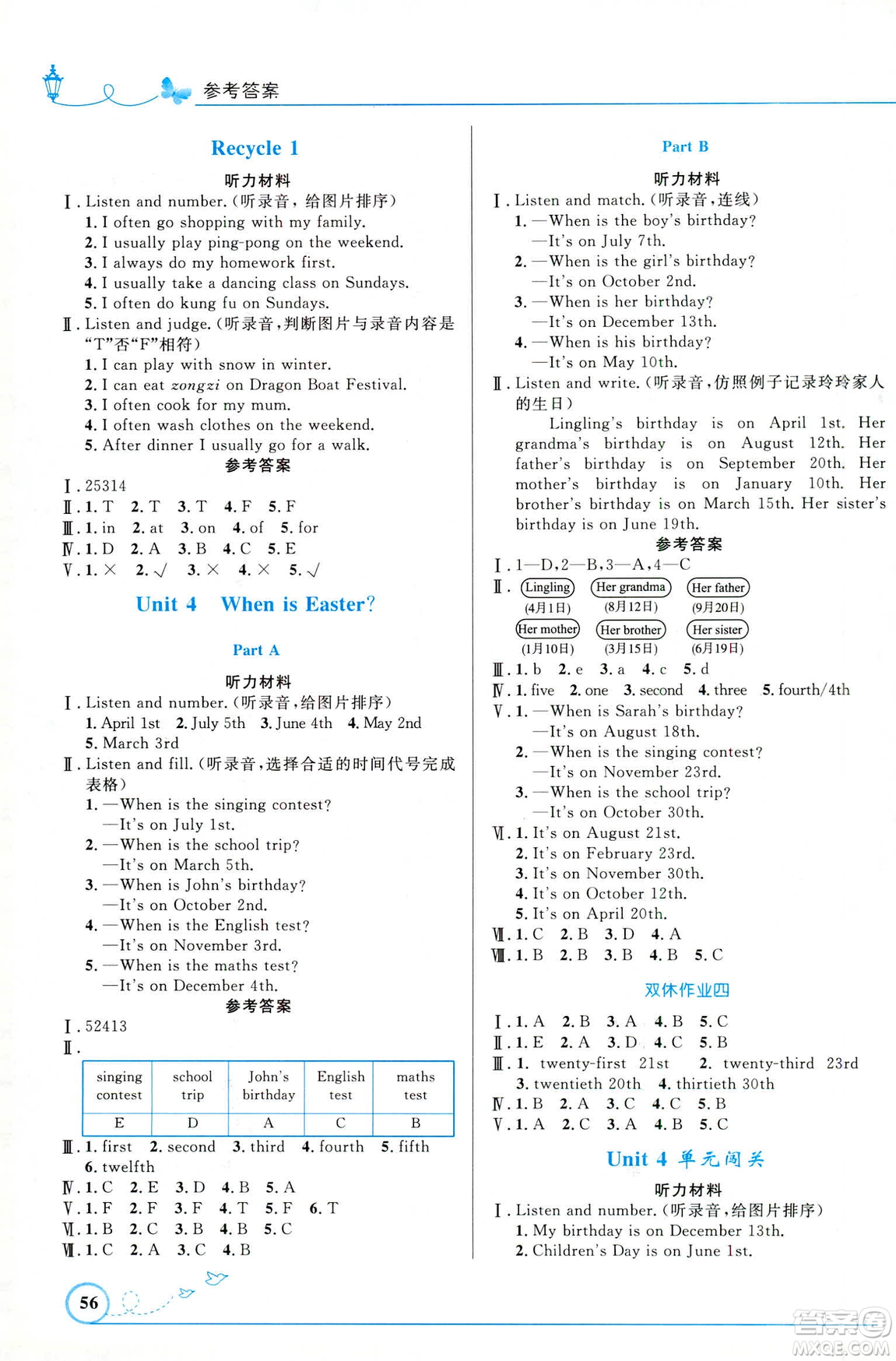 福建專版2019年五年級(jí)英語(yǔ)下冊(cè)人教版PEP小學(xué)同步測(cè)控優(yōu)化設(shè)計(jì)答案
