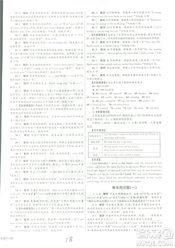 2019年優(yōu)化設計單元測試卷七年級下冊英語人教版參考答案
