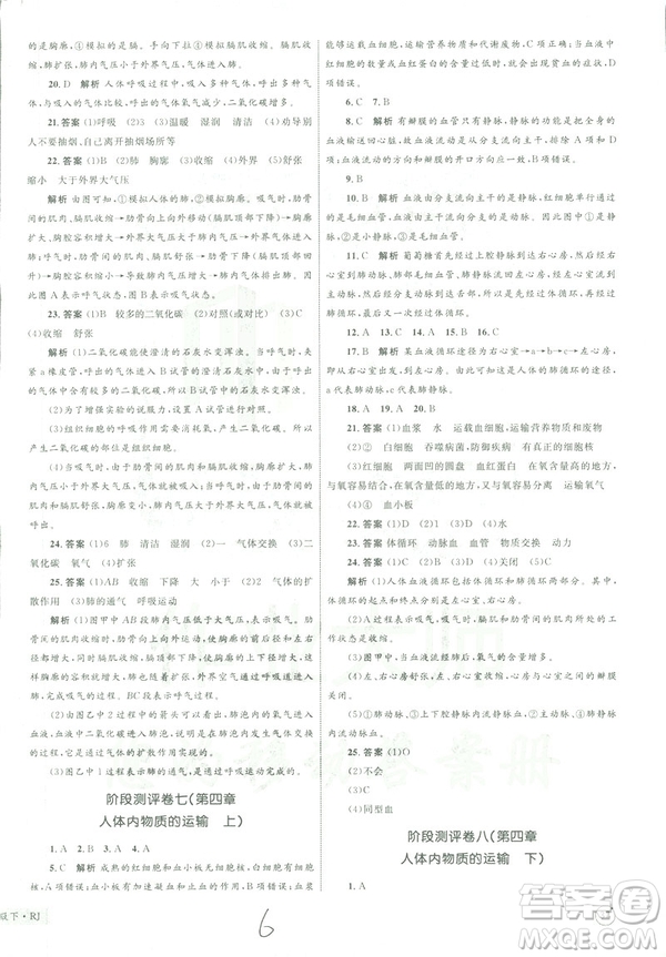 優(yōu)化設(shè)計(jì)單元測(cè)試卷2019年七年級(jí)下冊(cè)生物RJ人教版參考答案