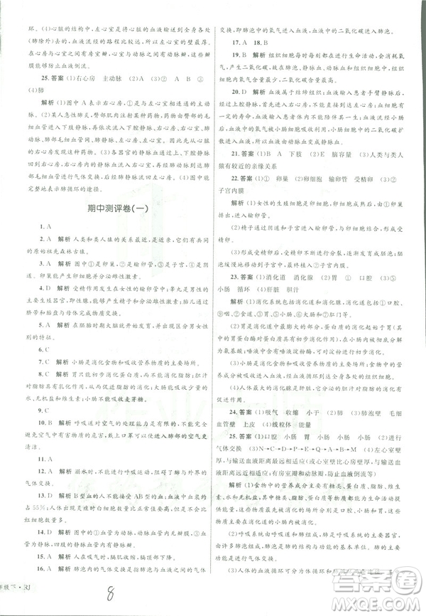 優(yōu)化設(shè)計(jì)單元測(cè)試卷2019年七年級(jí)下冊(cè)生物RJ人教版參考答案