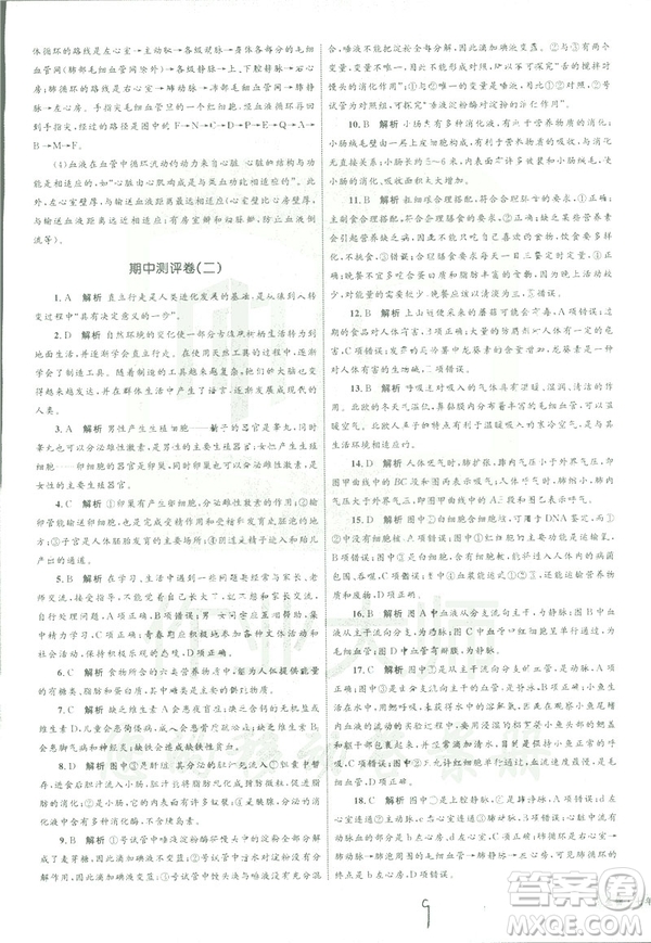 優(yōu)化設(shè)計(jì)單元測(cè)試卷2019年七年級(jí)下冊(cè)生物RJ人教版參考答案