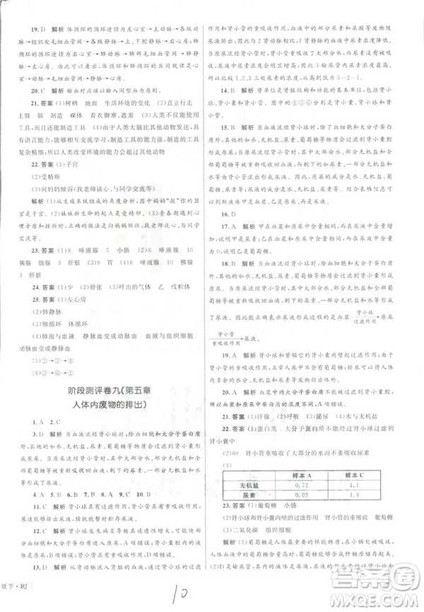 優(yōu)化設(shè)計(jì)單元測(cè)試卷2019年七年級(jí)下冊(cè)生物RJ人教版參考答案