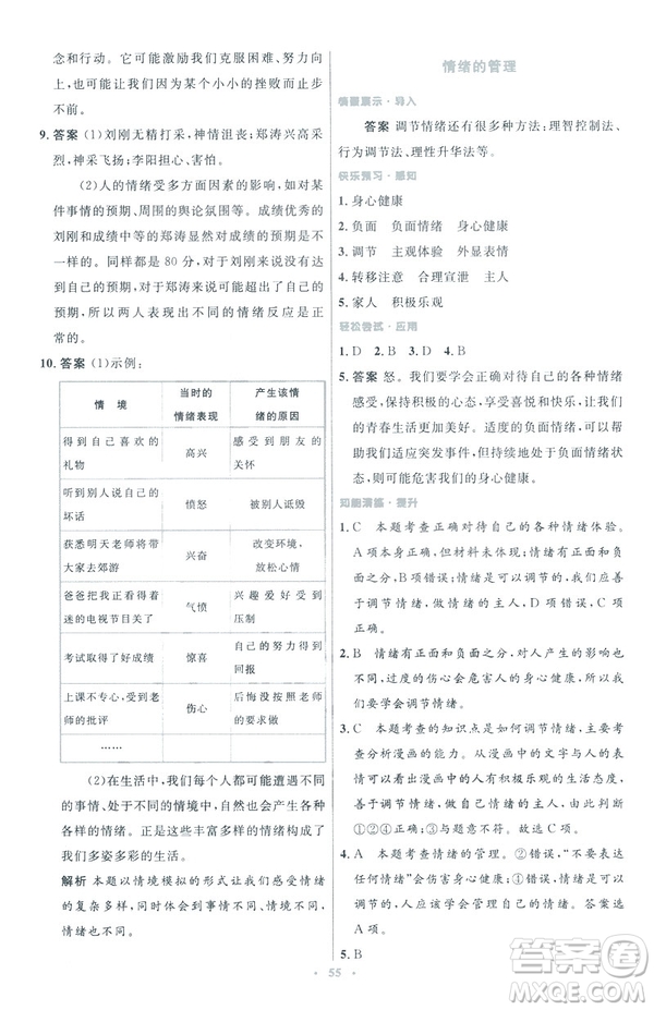 2019年初中同步測(cè)控優(yōu)化設(shè)計(jì)道德與法治七年級(jí)下冊(cè)人教版參考答案