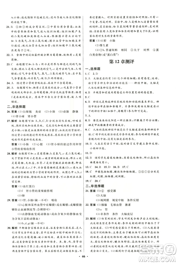 2019春初中同步測控優(yōu)化設計生物七年級下冊北師大版參考答案