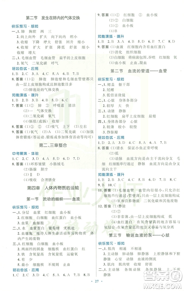 福建專版2019年人教版初中同步測控優(yōu)化設(shè)計(jì)七年級生物學(xué)下冊答案