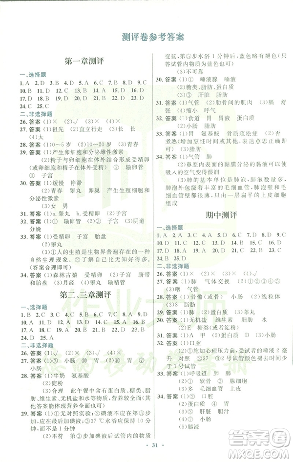 福建專版2019年人教版初中同步測控優(yōu)化設(shè)計(jì)七年級生物學(xué)下冊答案
