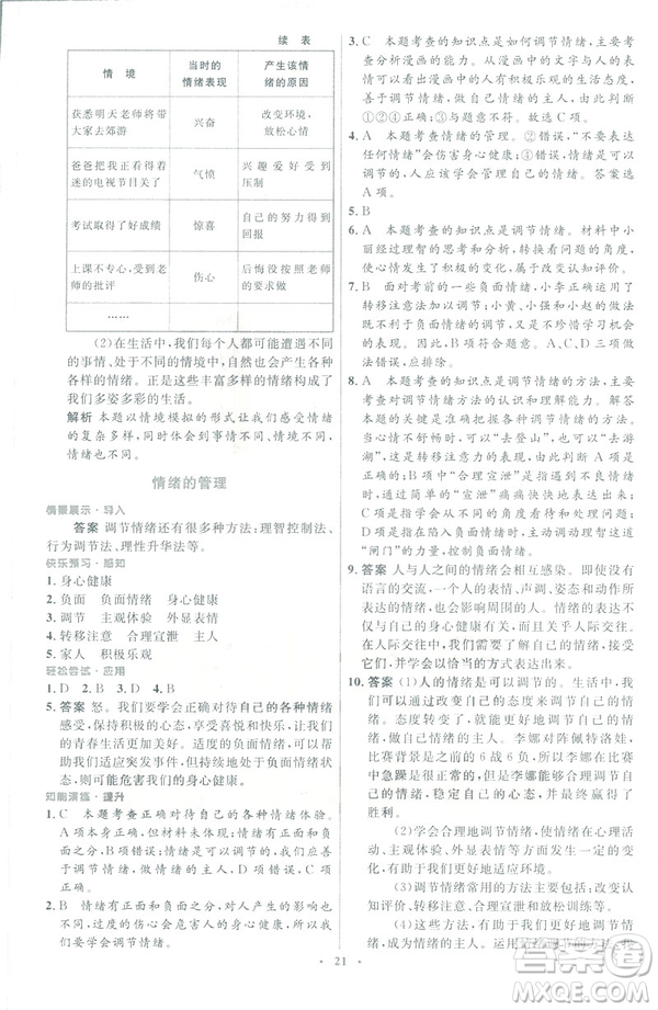 福建專版2019年七年級道德與法治下冊人教版初中同步測控優(yōu)化設(shè)計(jì)答案