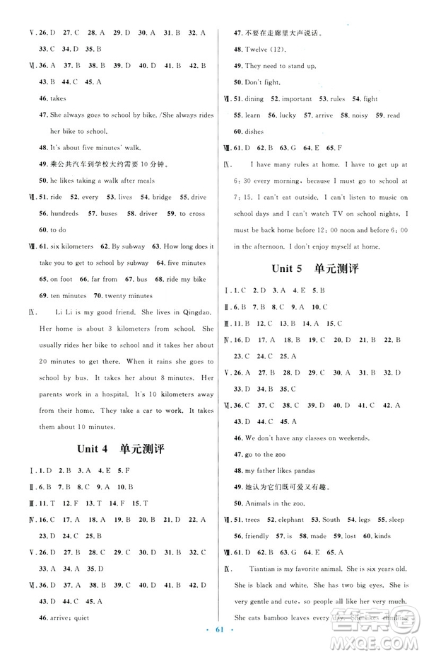 2019年七年級(jí)英語(yǔ)下冊(cè)人教版初中同步測(cè)控優(yōu)化設(shè)計(jì)答案